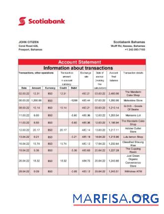 Багамы Scotiabank Банковский Выписка из банка Excel шаблон