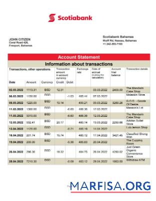 Багамы Scotiabank Банковский Выписка из банка Word предпросмотр