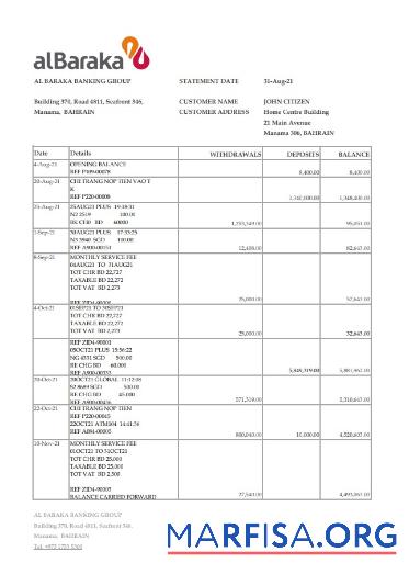 Бахрейн Al Baraka Банковский Выписка из банка Excel дизайн
