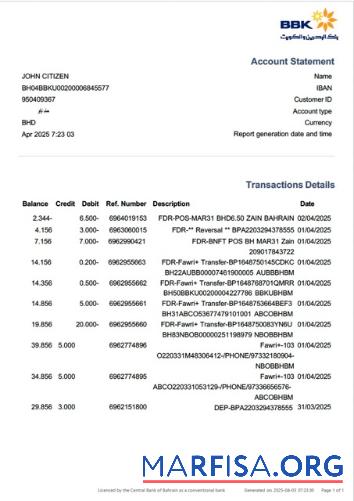 Бахрейн┬áБанковский of Бахрейн and Кувейт (BBT) Аккаунт Выписка из банка┬áWord шаблон
