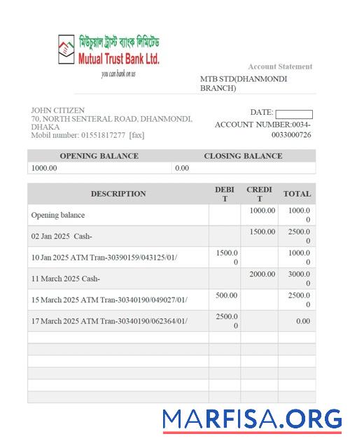 Бангладеш Mutual Trust Банковский Аккаунт Выписка из банка┬áWord образец