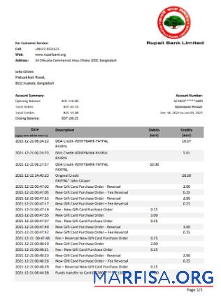 Бангладеш Rupalii Банковский Выписка из банка Excel шаблон