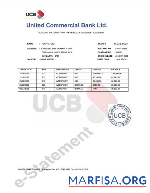 Бангладеш United коммерческий Банковский Аккаунт Выписка из банка Word макет