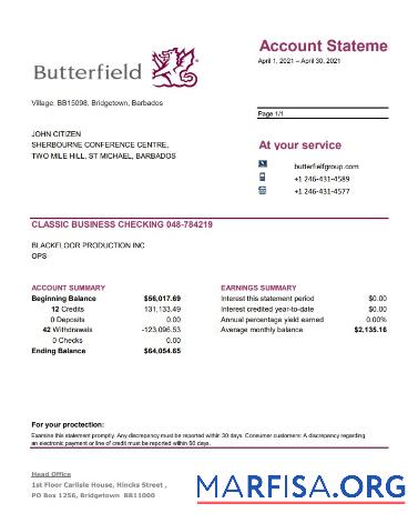 Барбадос Butterfield Банковский Выписка из банка Excel шаблон