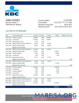 Бельгия KBC Банковский Выписка из банка Excel дизайн