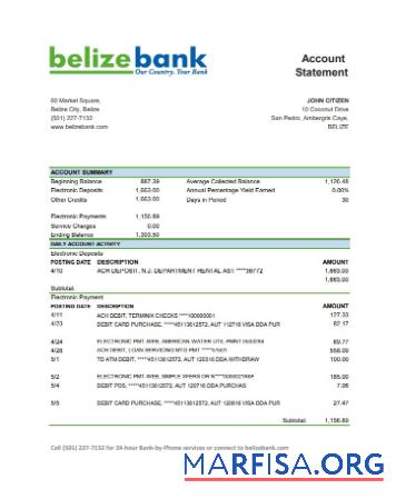 Белиз Belizebank Банковский Выписка из банка Excel Версия 2 предпросмотр