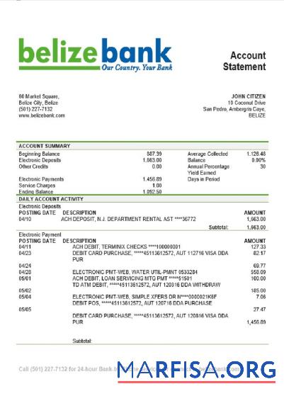 Белиз Belizebank Банковский Выписка из банка предпросмотр