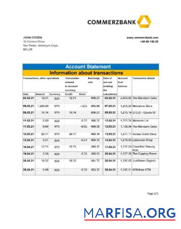 Белиз Commerzbank Банковский Выписка из банка Excel макет