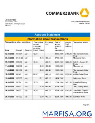 Белиз Commerzbank Банковский Выписка из банка Word макет