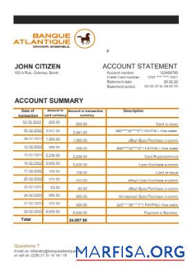 Бенин Banque Atlantique Банковский Выписка из банка Excel предпросмотр