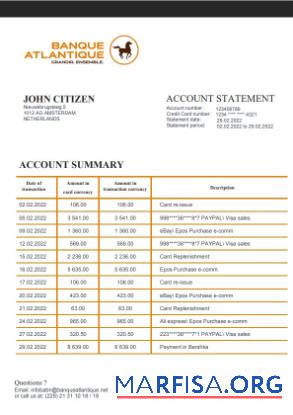 Бенин Banque Atlantique Банковский Выписка из банка Word шаблон