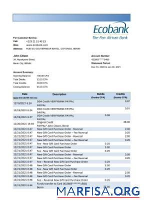 Бенин Ecobank Банковский Выписка из банка Excel макет