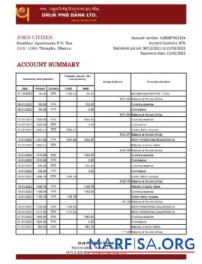 Бутан Druk PNB Банковский Выписка из банка Excel дизайн