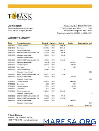 Бутан T Банковский Выписка из банка Excel дизайн