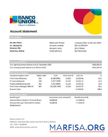 Боливия Banco союз Банковский Выписка из банка Excel предпросмотр