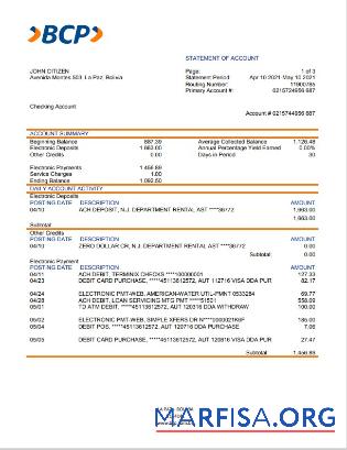 Боливия banco de cre╠üdito de Боливия Банковский Выписка из банка Word макет