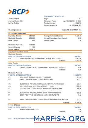 Боливия banco de cre╠üdito de Боливия Выписка из банка Excel макет