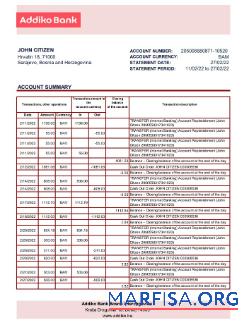 Босния и Герцеговина Addiko Банковский Выписка из банка Excel предпросмотр