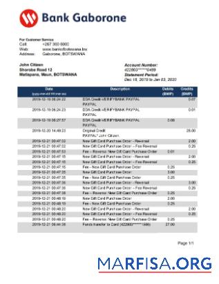 Ботсвана Банковский Gaborone Банковский Выписка из банка Word макет