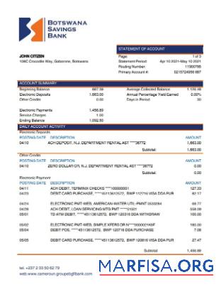 Ботсвана Savings Банковский Выписка из банка дизайн