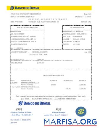 Бразилия Banco do Brasil Банковский Выписка из банка Excel макет