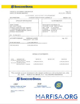 Бразилия Banco do Brasil Банковский Выписка из банка Word дизайн