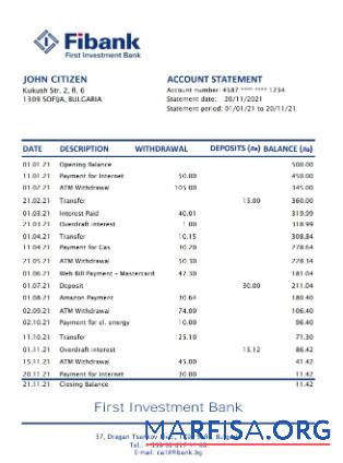 Болгария Fibank Банковский Выписка из банка Excel шаблон