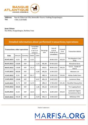 Буркина-Фасо Banque Atlantique Банковский Выписка из банка Word макет