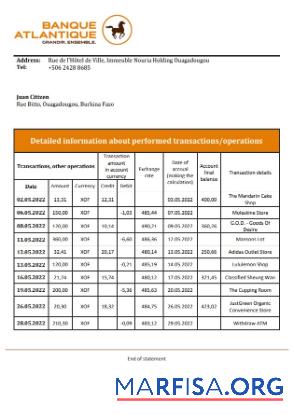 Буркина-Фасо Banque Atlantique Банковский Выписка из банка макет
