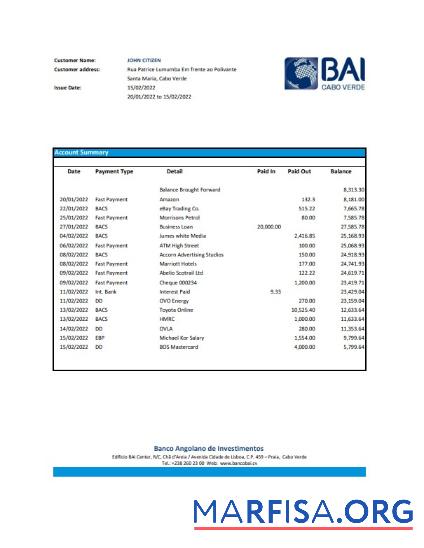 Кабо-Верде Banco Africano de Investimentos Банковский Выписка из банка (AutoSum) Excel дизайн