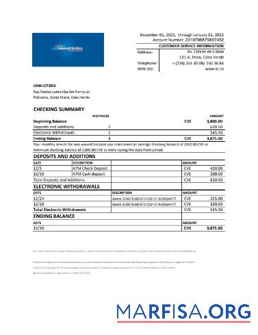Кабо-Верде Banco Inter Atla╠éntico Банковский Выписка из банка образец