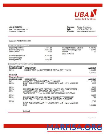 Камерун UBA Банковский Выписка из банка Word макет