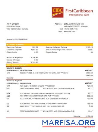 Канада CIBC Банковский Выписка из банка Excel шаблон