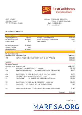 Канада CIBC Банковский Выписка из банка Word шаблон