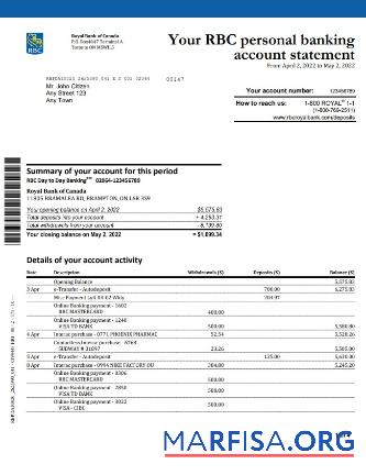 Канада Royal Банковский of Канада (RBC) Банковский Выписка из банка Word 4 pages, Версия 2 макет
