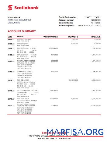 Канада Scotiabank Банковский Выписка из банка Excel шаблон