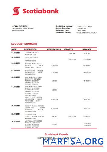 Канада Scotiabank Банковский Выписка из банка Word Версия 2 шаблон