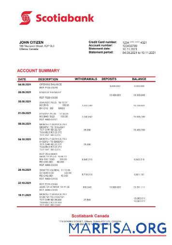 Канада Scotiabank Банковский Выписка из банка шаблон