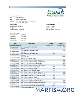 Центральноафриканская Республика Ecobank Банковский Выписка из банка (AutoSum) Excel макет