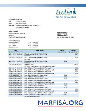 Центральноафриканская Республика Ecobank Банковский Выписка из банка eexcel макет