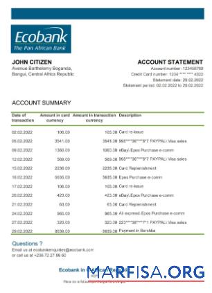 Центральноафриканская Республика Ecobank Банковский Выписка из банка Excel макет