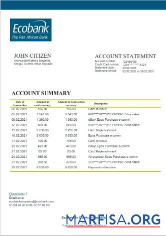 Центральноафриканская Республика Ecobank Банковский Выписка из банка Word шаблон