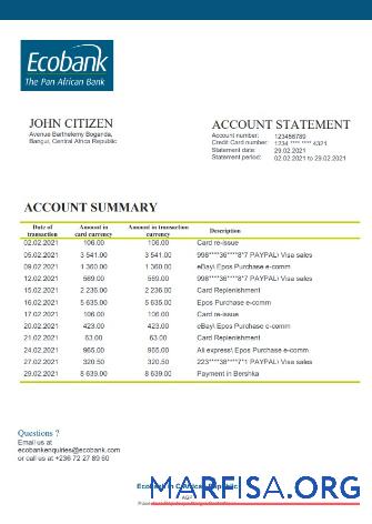 Центральноафриканская Республика Ecobank Банковский Выписка из банка предпросмотр