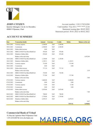 Чад коммерческий Банковский of Tchad Банковский Выписка из банка Excel шаблон