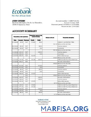 Чад Ecobank Банковский Выписка из банка (AutoSum) Excel образец