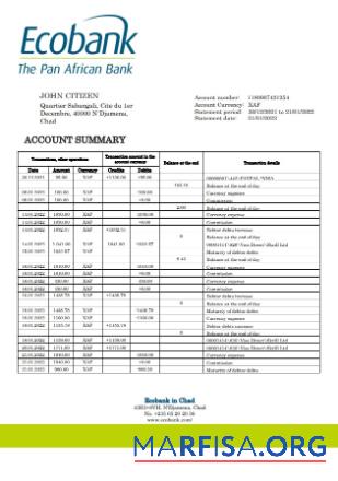 Чад Ecobank Банковский Выписка из банка Word макет