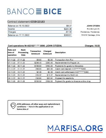 Чили Banco Bice Банковский Выписка из банка Excel макет
