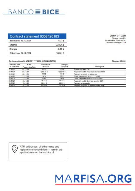Чили Banco Bice Банковский Выписка из банка Word шаблон