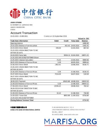 Китай Citic Банковский Corp Банковский Выписка из банка Excel предпросмотр