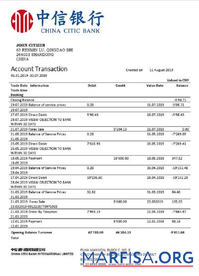 Китай Citic Банковский Corp Банковский Выписка из банка Word образец